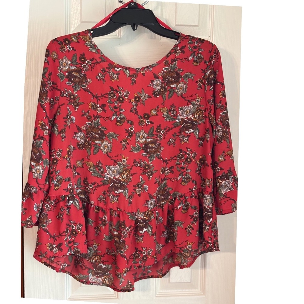 Red Floral Print‎ 3/4 Sleeve Peplum Top Blouse Women's Casual Cute